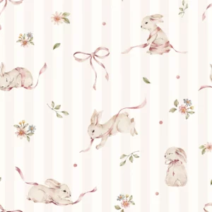 Dekornik Pink rabbits on stripes Kinderzimmer Tapete