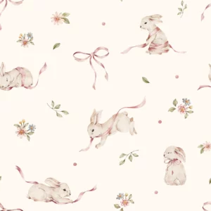 Dekornik Pink rabbits on white Kinderzimmer Tapete
