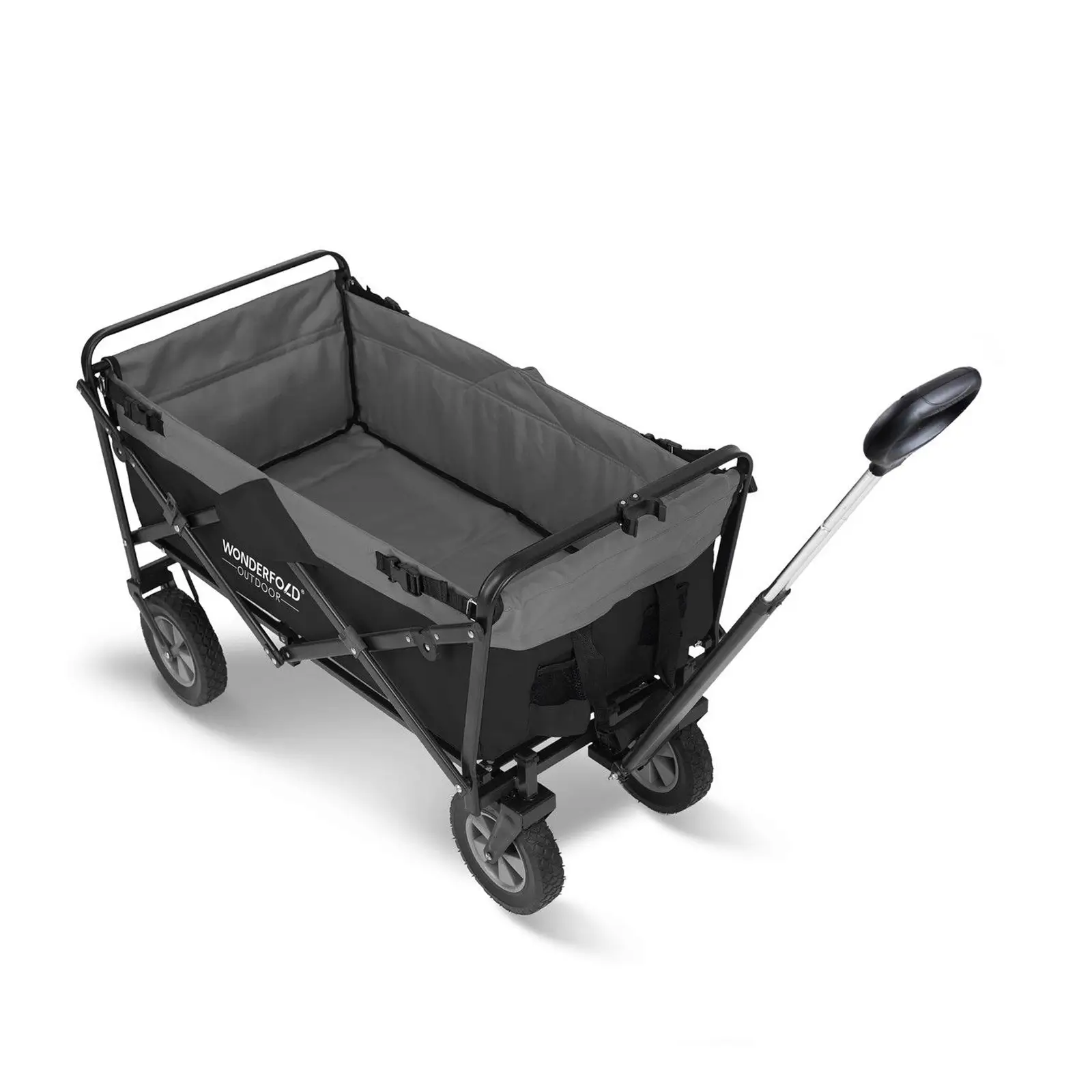 Der Wonderfold Faltbarer Bollerwagen Utility Outdoor ist ein zusammenklappbarer grauer Wagen mit einem stabilen schwarzen Rahmen und Ziehgriff