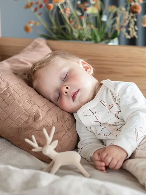 Ein Baby schläft friedlich im Babybett