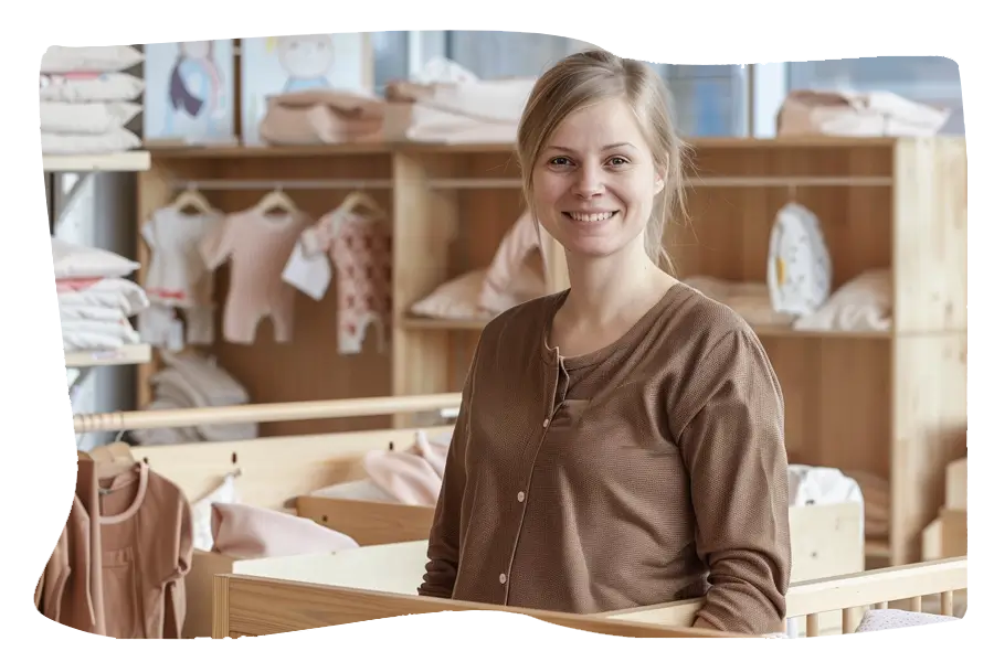 Eine lächelnde Frau steht in einem Babybekleidungsgeschäft, umgeben von Regalen und Ständern voller Babykleidung. Eine lächelnde Frau steht in einem Babybekleidungsgeschäft, umgeben von Regalen und Ständern voller Babykleidung.