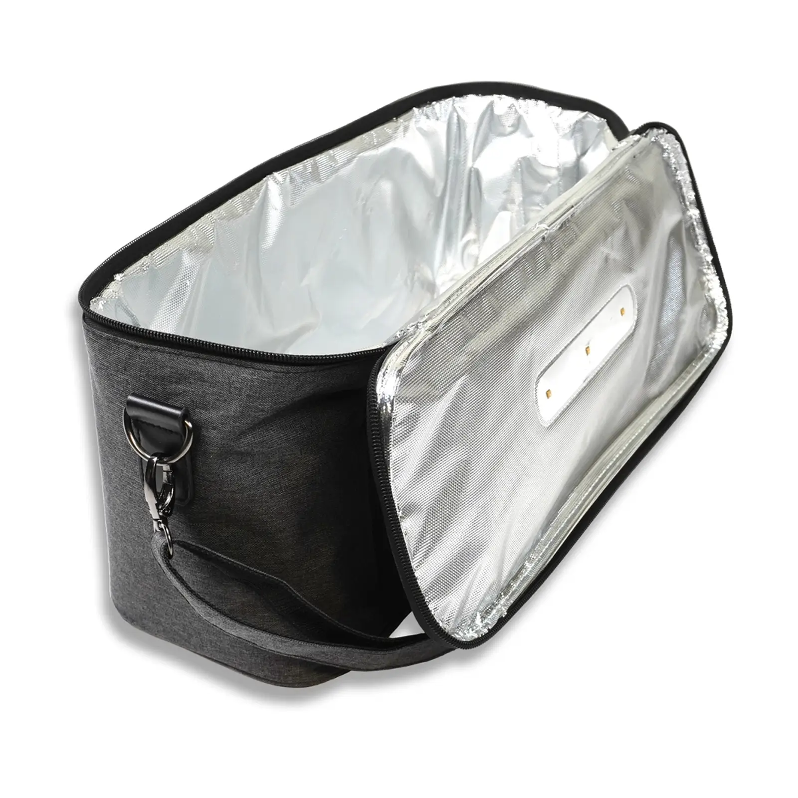 Schwarze isolierte Wonderfold 2-in-1 UV-Licht-Sterilisations- und Kühltasche mit offenem Deckel