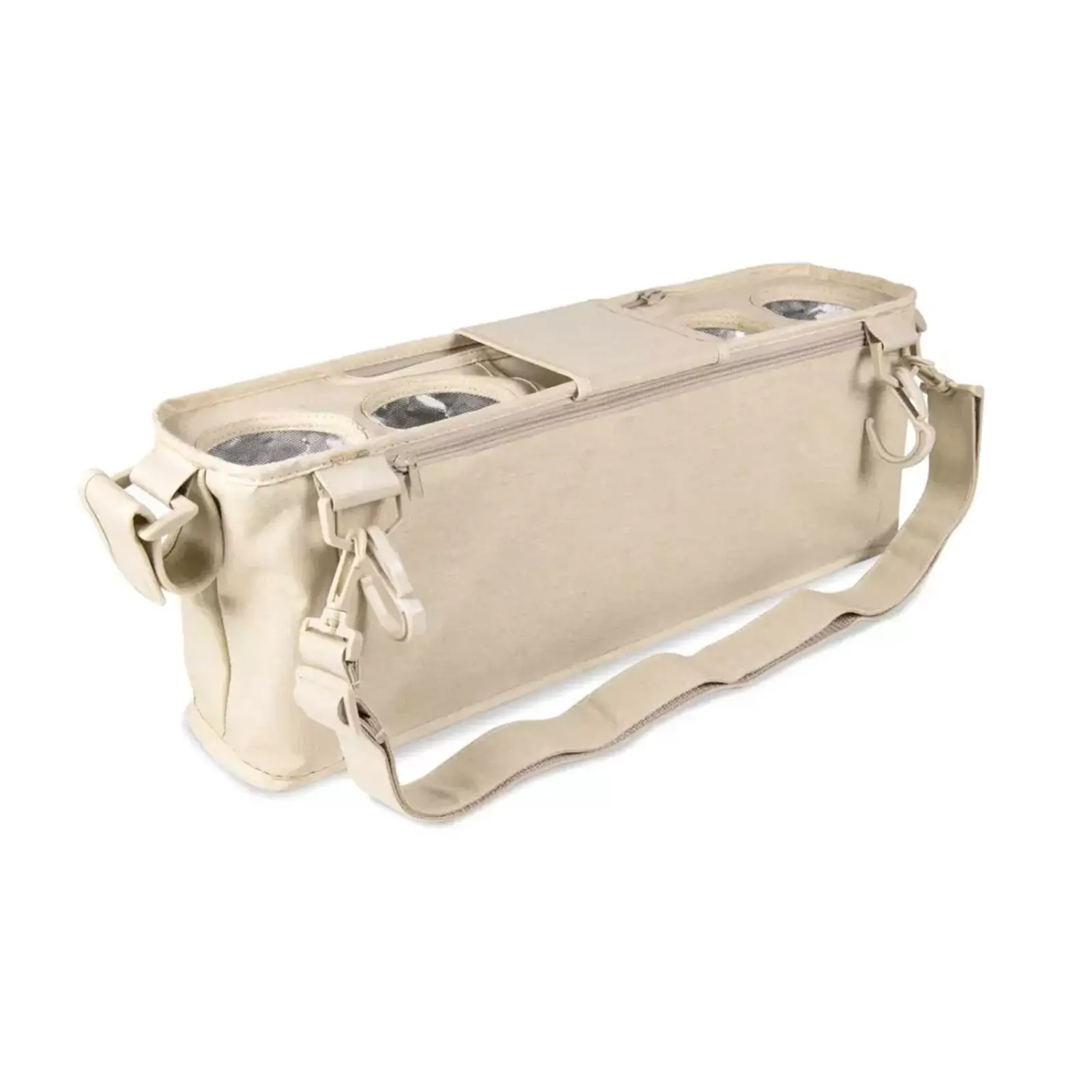 Rückseite des beigen Wonderfold Organizer mit Schultergurt, mehreren Fächern und 4 Iso-Getränkehaltern.